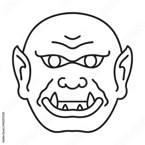 Simple line art illustration of cartoon ogre creature face with funny expression and sharp teeth isolated