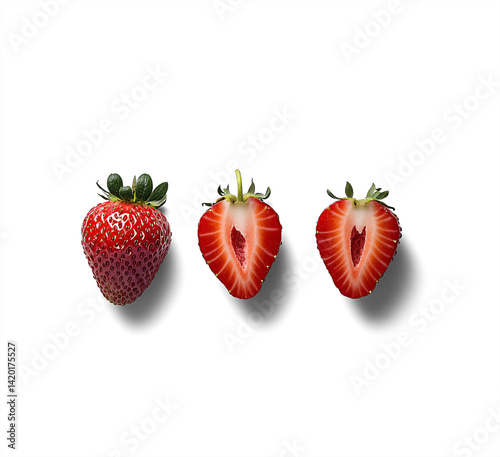 Fresh ripe strawberries and cut strawberry half isolated on transparent background, vibrant red berry fruit, juicy and sweet snack

