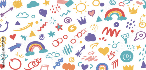Line hand drawn brush marker underline, highlight, star element color kid set.