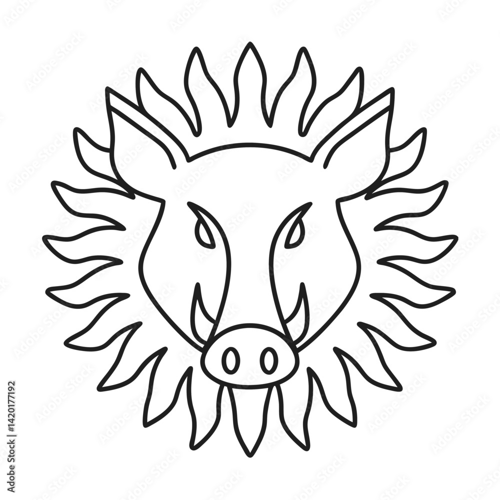 Minimalist line art boar head surrounded by sun rays design element logo and mascot concept vector illustration Minimalist line art boar head surrounded by sun rays design element logo and mascot concept vector illustration