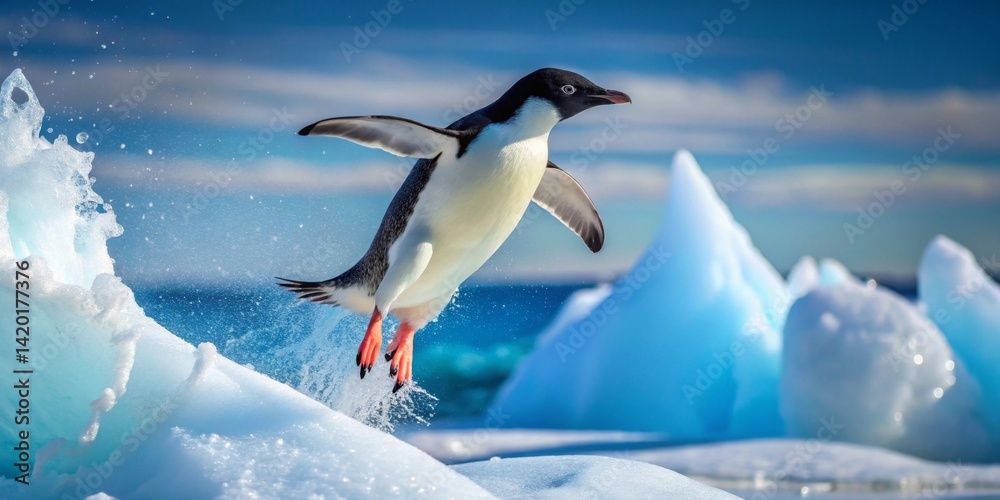 Fototapeta premium A graceful Ad?lie penguin takes flight, leaping from a pristine iceberg amidst a breathtaking icy landscape, a vibrant display of Antarctic wildlife in its natural habitat.
