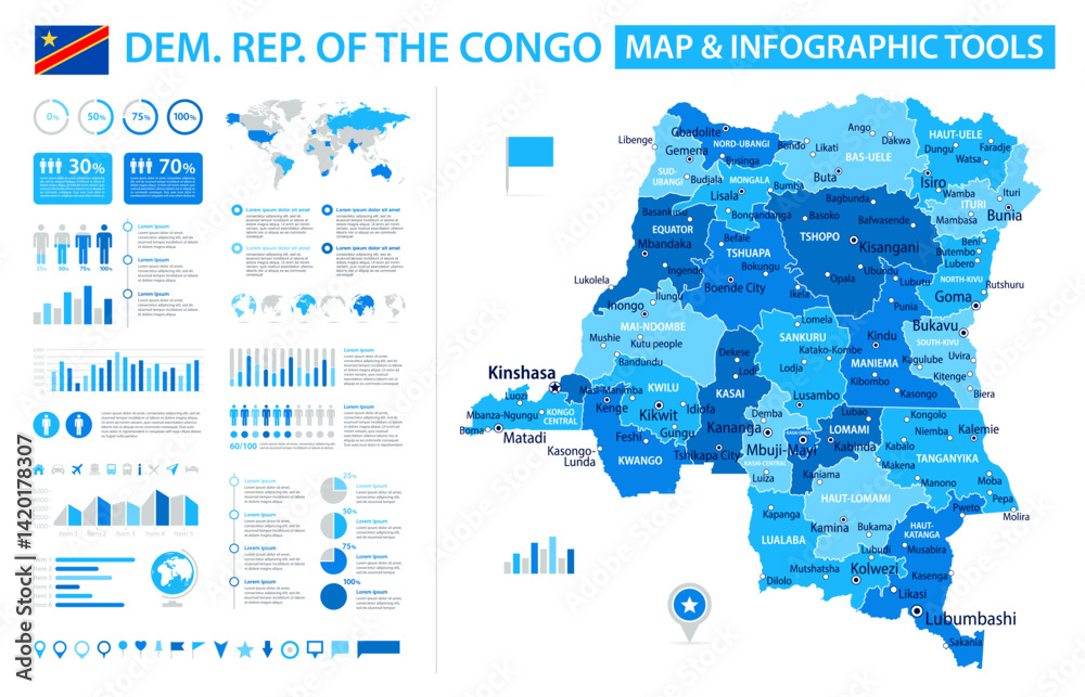 Fototapeta premium Democratic Republic of the Congo Infographic Map with Data Visualization Elements - Vector Map of Congo Democratic Republic