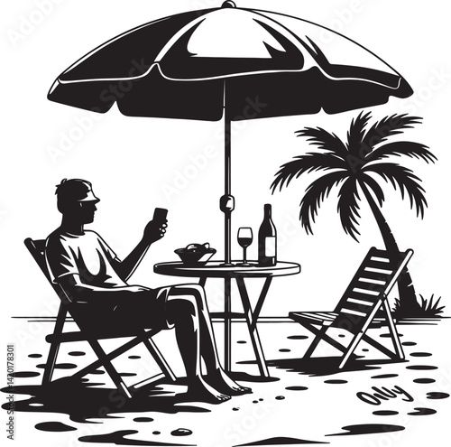 A man setting on a chair in beach with drinks and snakes in table vector illustration isolated On Transparent Background