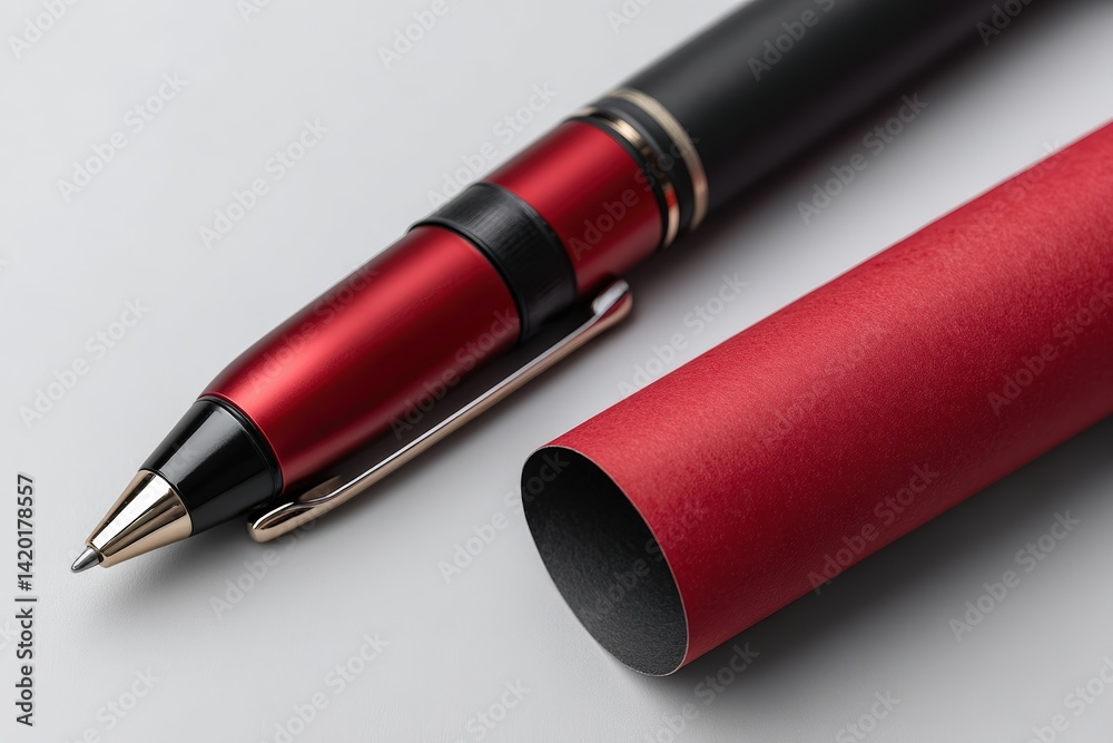 Certificate diploma scroll and a polished pen arranged elegantly on a clean surface