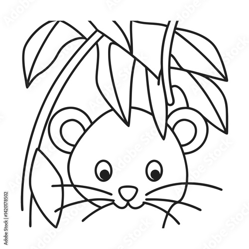 Cute koala face outline among eucalyptus leaves simple design for kids coloring activity book illustration