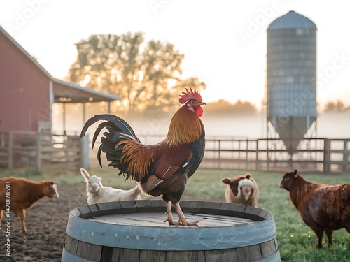 Welsummer cockerel crowing at sunrise