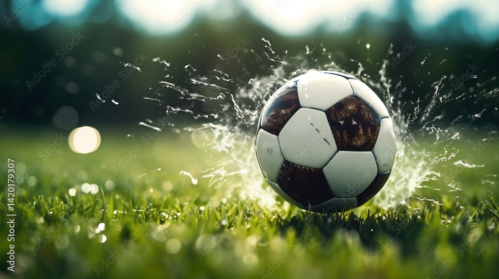 Naklejka premium Soccer Ball Splashing on Green Grass Field