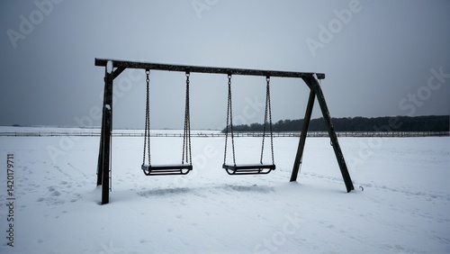 Frozen Swings: A Silent Winter Landscape with Snow-Covered Plains and an Abandoned Playground Waiting for Warmer Days