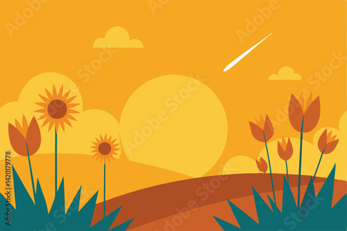 summer landscape with sun and flowers