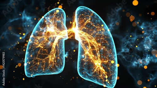 Glowing Interconnected Lung Structures With Orange and Blue Elements in Dark Atmosphere