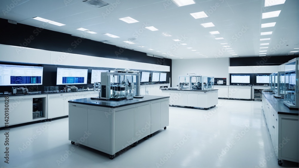 An ultra-modern and sterile laboratory environment featuring numerous workstations and monitors for research and development, creating an atmosphere of scientific advancement. An ultra-modern and sterile laboratory environment featuring numerous workstations and monitors for research and development, creating an atmosphere of scientific advancement.