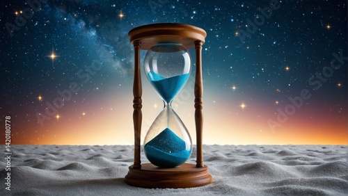 Sands of Time: A fleeting hourglass against the vast expanse of a starry night sky, marking moments in a cosmic landscape.