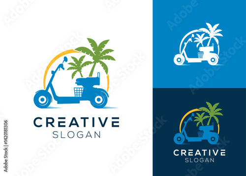 Vintage scooter rental with palm logo design and sun for vacation, beach and transportation