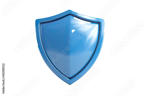 A high-detail blue shield icon, symbolizing protection and security, glossy surface and symmetrical design, centered on a clean 