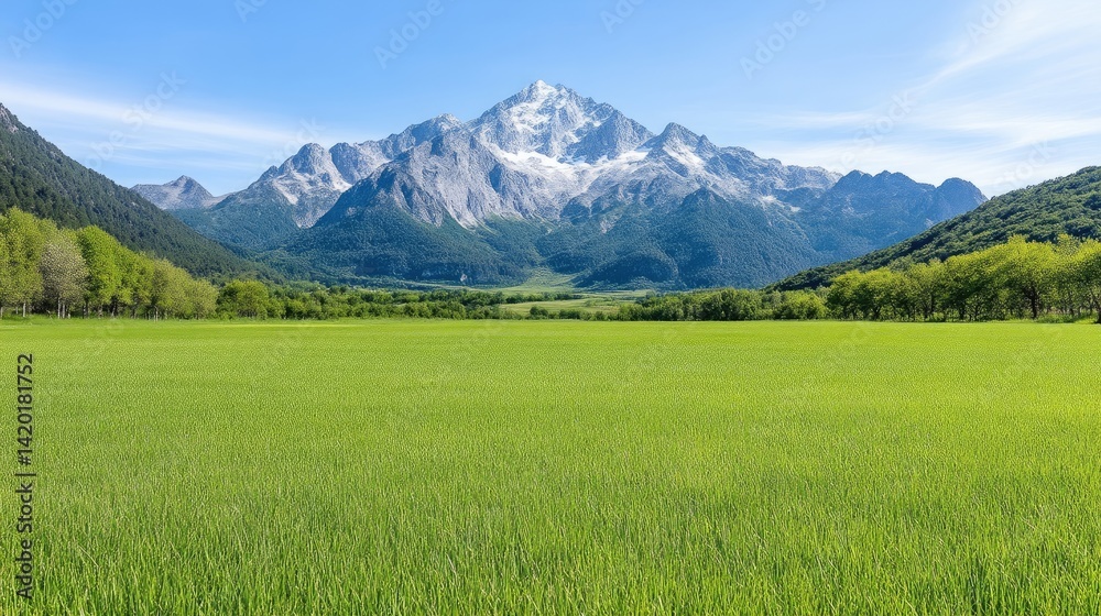 Fototapeta premium Lush green field stretches to a majestic snow-capped mountain range under a vibrant blue sky
