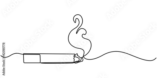 Cigarette Icon Line Art, One continuous single drawn line art doodle cigarette, smoke, Single one line drawing hand hold tobacco cigarette. No tobacco day concept.                                     