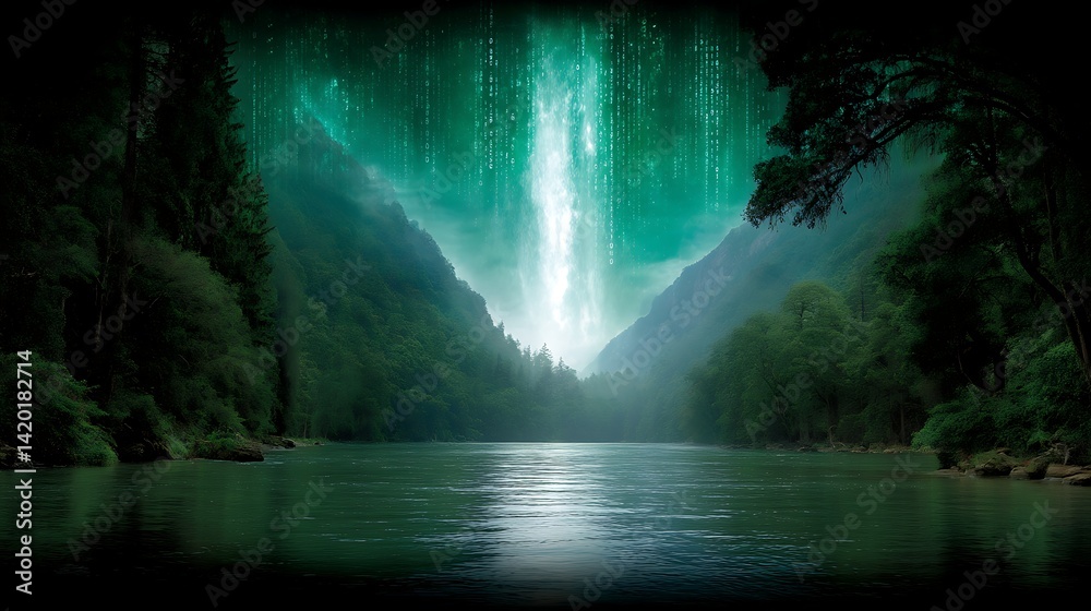 Fototapeta premium Immersive Forest River Landscape with Digital Code Stream Creating Serene and Futuristic Vibe.