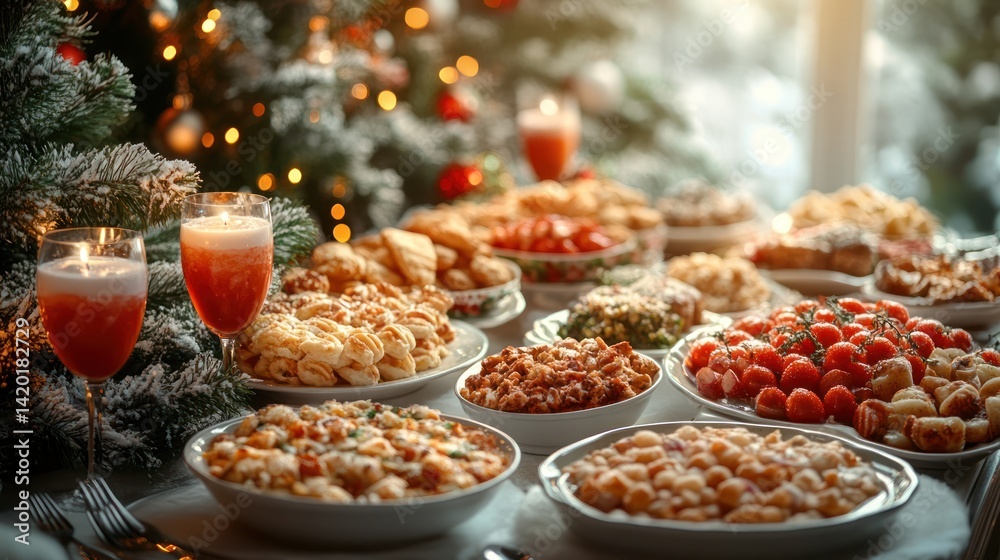 Christmas dinner table with festive food, drinks, and lit tree