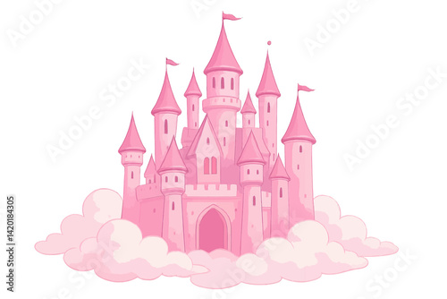 The enchanted realm of Magic Pink Castle floats amidst the clouds, a fantasy world of fairyland