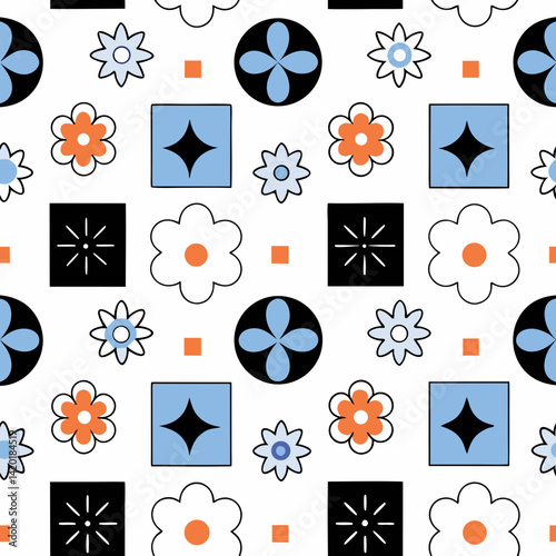 A cheerful retro floral and geometric pattern bursting with vibrant colors and playful shapes on a crisp white background.