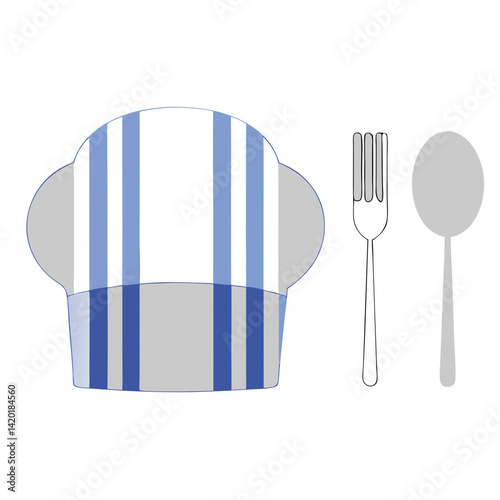 A chef's hat with blue and grey stripes ready for a delicious meal, accompanied by a fork and spoon in minimalist style.
