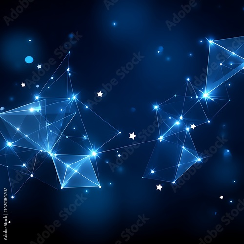 Interconnected Polygons Network with Stars Sparkles and Blurred Sphere Background Abstract Design