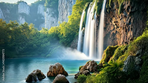 Majestic Waterfall Cascading into Turquoise Lake Surrounded by Lush Greenery and Rocks