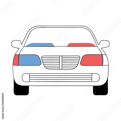 A simple line drawing of a police car's front view, showcasing flashing blue and red lights, ready for action.