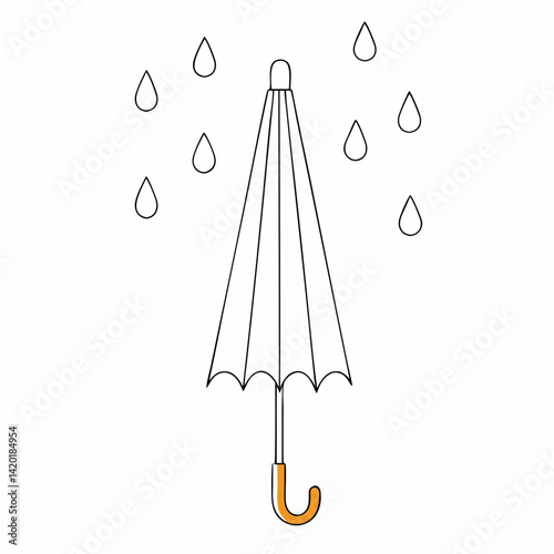 A simple umbrella bravely facing a gentle rain shower, a minimalist line drawing with an orange handle.