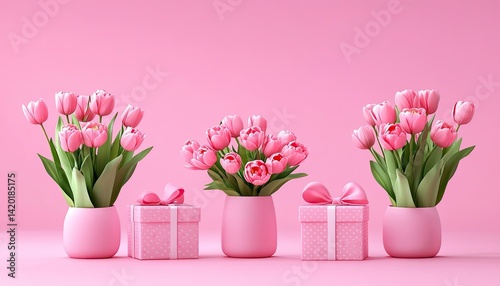 Pink Tulips in Vases with Ribboned Gift Boxes on Pink Background, Floral Arrangement