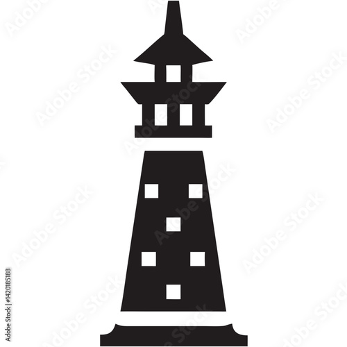 A steadfast lighthouse guiding ships home safely through the darkest night, a bold black silhouette against a bright white background.