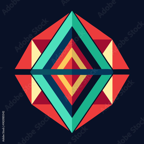 A vibrant geometric jewel reflecting symmetry and balance with bold colors and sharp lines against a dark background.