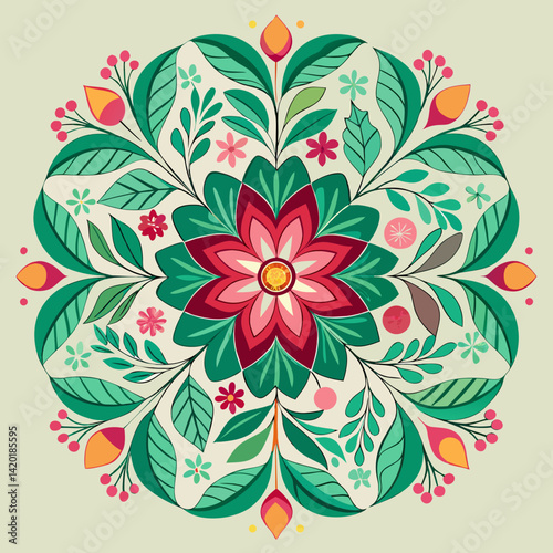 A vibrant floral mandala bursting with life, celebrating nature's beauty in a joyful, summery style with bold colors and lush green leaves.