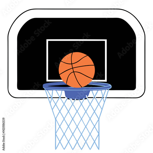 The thrill of the swish: A basketball perfectly sinking through the net in a lively game, depicted with bold lines and flat colors.