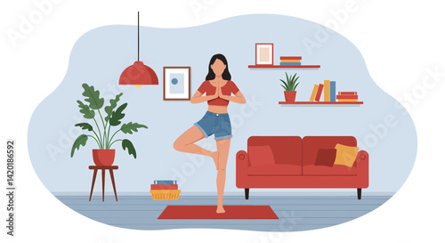 Flat style vector illustration of a young woman practicing the yoga pose in her cozy living room