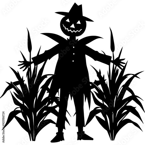Pumpkin headed scarecrow in a cornfield silhouette