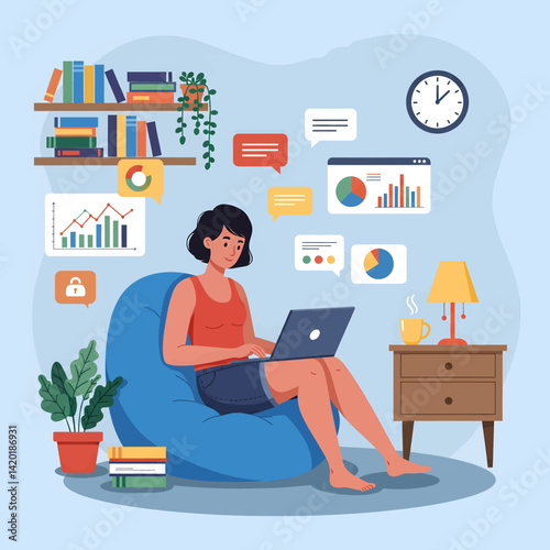 Flat style vector illustration of a young woman engaging in online activities on her laptop from a comfortable beanbag chair at home, with her cat nearby