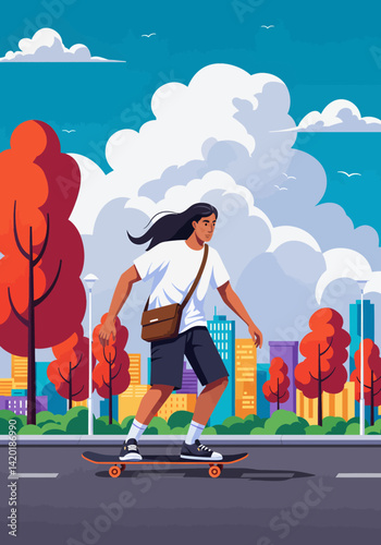 Flat style vector illustration of a young person skateboarding through a city park during their summer holiday