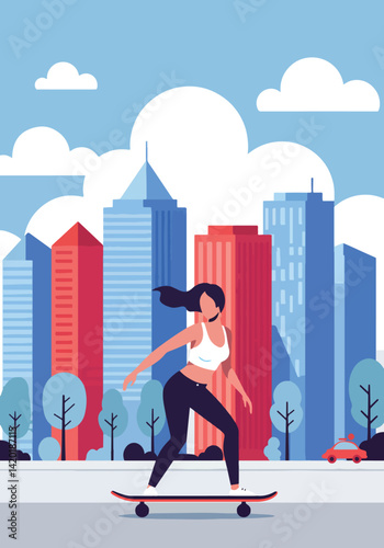 Flat style vector illustration of a young woman skateboarding through a vibrant cityscape during her summer holiday