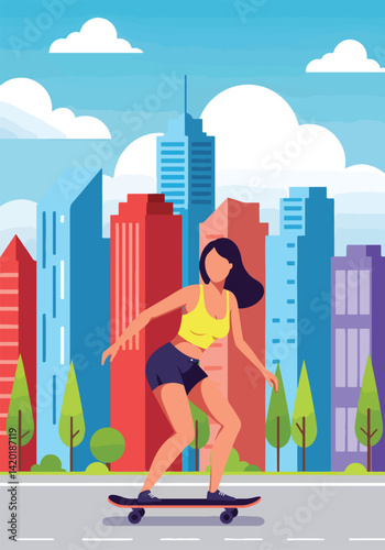 Flat style vector illustration of a young woman skateboarding through a vibrant cityscape during her summer holiday
