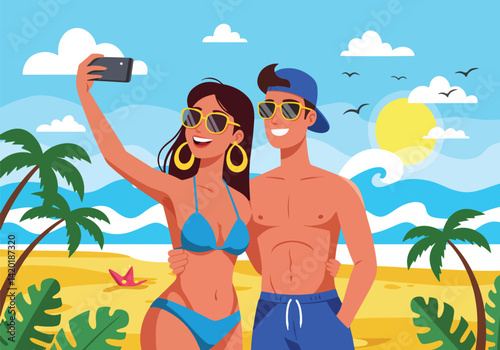 Flat style vector illustration of a happy couple taking a selfie on a sunny tropical beach during their summer holiday