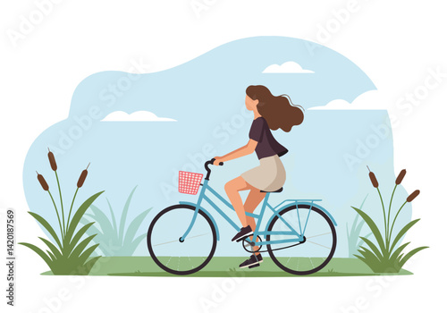 Flat style vector illustration of a woman enjoying a leisurely bicycle ride through a grassy, scenic landscape during her summer holiday