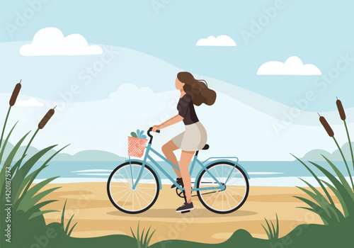 Flat style vector illustration of a woman enjoying a leisurely bicycle ride through a grassy, scenic landscape during her summer holiday