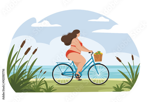 Flat style vector illustration of a woman with bikini enjoying a summer holiday bicycle ride on the beach with a basket of fruit