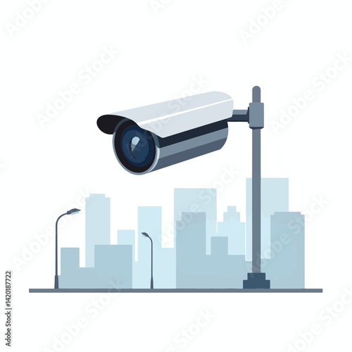 Modern surveillance camera in minimalistic cityscape, urban security