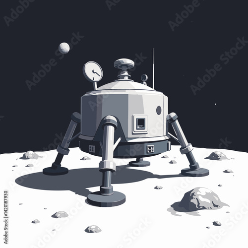 Detailed moon lander on lunar surface with stars, space exploration