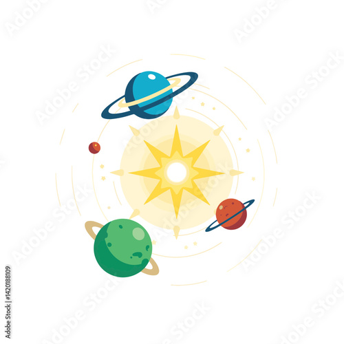 Stylized planets orbiting bright star on clean white background, space concept