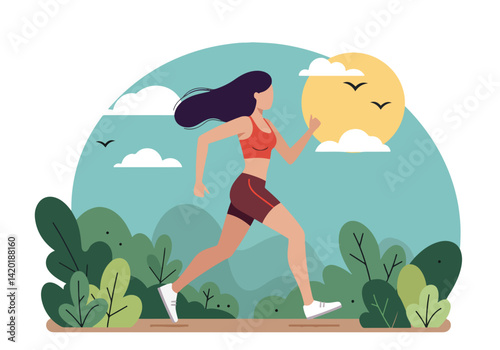 Flat style vector illustration of a young woman jogging during her summer holiday in a park setting