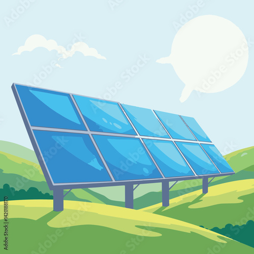 Futuristic solar panel array in vibrant landscape, clean energy integration