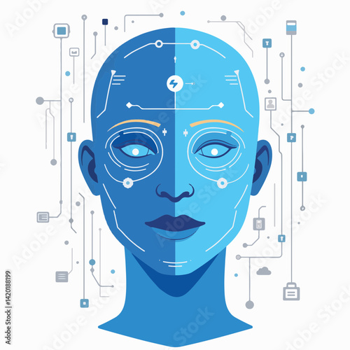 Stylized biometric face scan animation with digital elements, technology